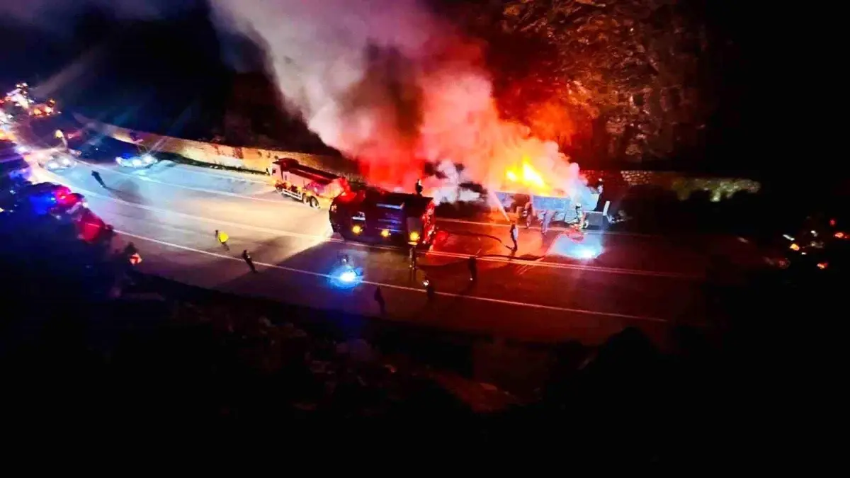 Пожар из-за нагревшихся тормозных колодок уничтожил грузовик с древесными плитами